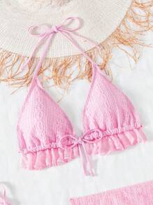 SHEIN Swim Mod 3pcs Women Beach Vacation Solid Color Ruffle Edge Halter Tie Bikini Set With Coverup And Mini Skirt Summer - Pink - View 7