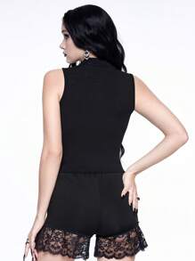 ROMWE Dark Gothic Crew Neck Semi-Sheer Cross Applique & Lace Trim Bodycon Tank Top - Black - View 4