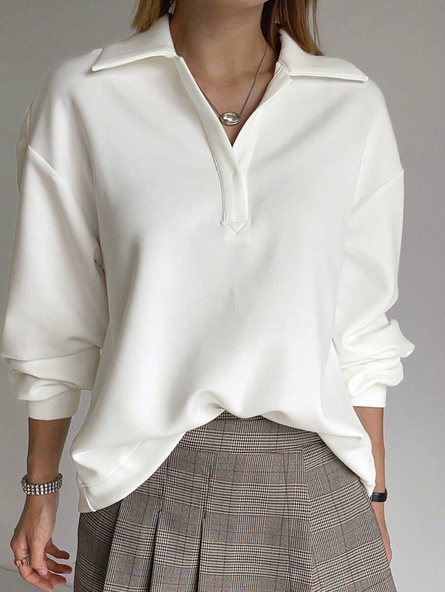 DAZY 女式宽松落肩纯色长袖休闲运动衫，秋季 - 白色 - 查看 1