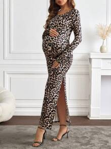 SHEIN Abito aderente con spacco sexy a stampa leopardata, adatto per donne in gravidanza, adatto per varie occasioni - Multicolore - Visualizzare 5