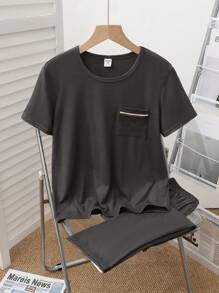 2pcs Boys Casual Outfit - Gray Collar Pocket Top With Contrast Trim & Matching Milk Silk Fabric Pants, Spring/Autumn - Dark Grey - View 3