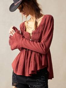 Bohemela Vacation Casual Solid Color Woven Cut-Out V-Neck Long Sleeve Blouse For Women Western Wear Women Festival Boho Hippie