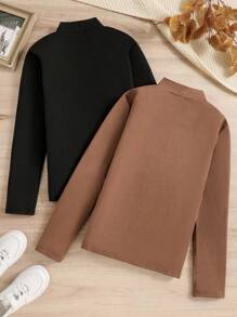 SHEIN 2pcs/Set Tween Boy Gothic Print Turtleneck T-Shirt - Camel - View 2