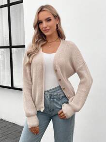 SHEIN LUNE Button Front Drop Shoulder Cardigan - Apricot - View 4