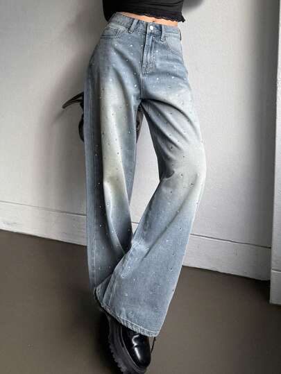 DAZY 女士休闲纽扣前口袋水钻装饰牛仔裤