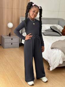 Slaydiva 青少年女孩休闲针织圆领长袖上衣和直筒裤两件套