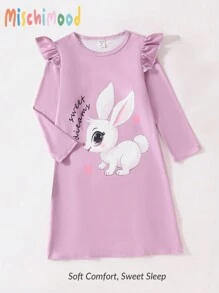SHEIN Young Girl' Cute Rabbit Graphic Ruffled Sleeve Nightgown, Sleepwear - Pink - View 3