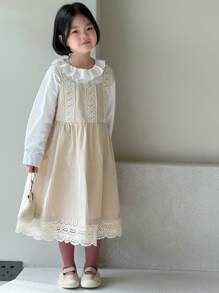 DAZY 2pcs/Set Young Girl Girls Round Neck Long Sleeve Woven Shirt + Jumper Dress, Spring/Summer - Beige - View 5