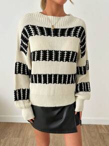 EURMUSE 宽松侧条纹针织毛衣 - 黑與白 - 查看 3