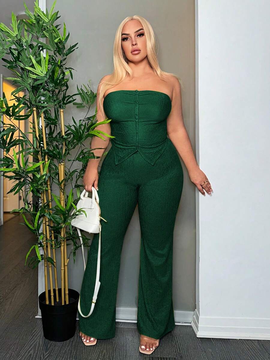 SHEIN SXY Ladies' Sexy Texture Green Tube Top With Button & Flared Pants Set - Dark Green - View 1