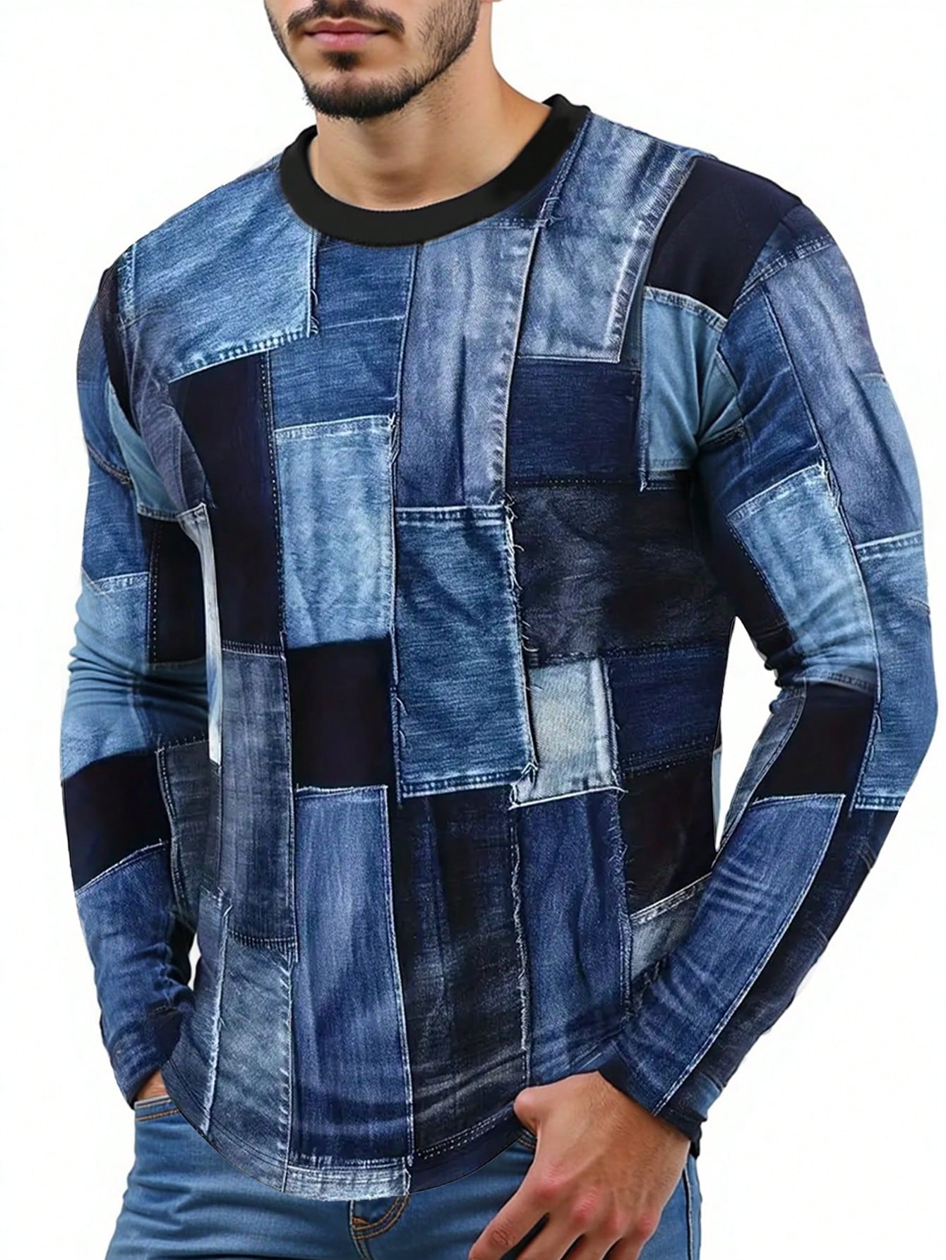 Men's Autumn Casual Denim Print Round Neck Long Sleeve T-Shirt
