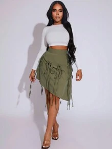 BamGleam Women Solid Color High Waist Front Tie Casual Asymmetrical Skirt