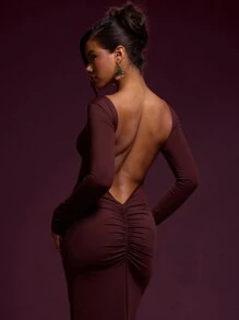 MUSERA 垂坠感十足的露背褶皱长裙，优雅的春夏度假派对长裙 - 咖啡棕 - 查看 5