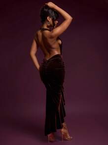 MUSERA Váy nhung hở lưng xếp nếp cổ yếm xếp nếp thanh lịch cho kỳ nghỉ xuân hè đi chơi - màu nâu - Xem 3