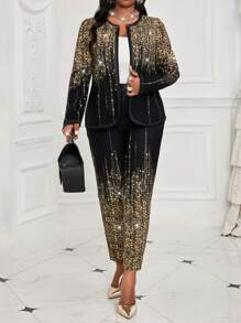 SHEIN Lady 秋冬优雅针织翻领纽扣长袖加大码仿皮草大衣 秋冬优雅黑金色针织翻领纽扣长袖加大码仿皮草大衣，情人节 - 黑色 - 查看 3