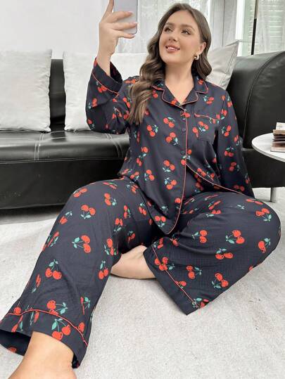 SHEIN Cherry Print Open Front Long Sleeve Pajama Set, Plus Size