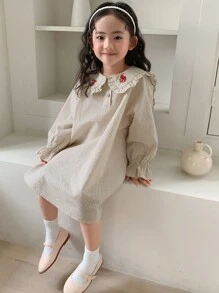 DAZY Young Girl Doll Face Animal Embroidery Striped Long Sleeve Woven Dress, Spring/Summer - Beige - View 3