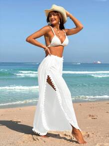 Swim Vcay Summer Outfits For Women Women Beach Vacation Solid Color Side Slit Coverup Top And Pants Set Summer