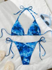 Swim Mod Conjunto de bikini de mujer con cuello de halter, sujetador con triángulo y braguitas de amarrar en los laterales para el verano