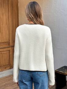 SHEIN LUNE Autumn And Winter New Ivory Contrast Airport Office Ladies Basic Lightweight Cardigan Winter - Beige - View 2