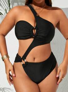 Swim SXY 大码纯色不对称开叉高腰女式连体泳衣，休闲度假夏季 - 黑色 - 查看 3