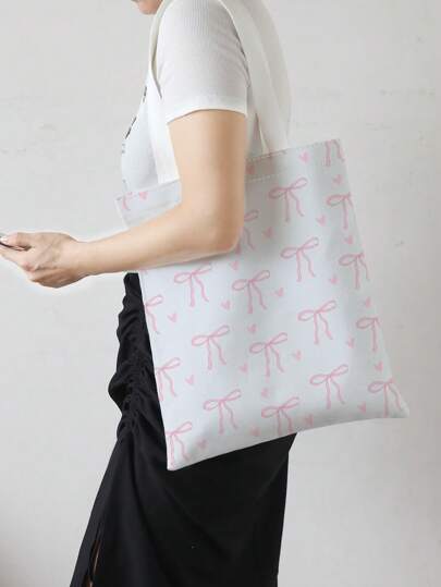 Kawaii Double-Sided Bow & Heart Print Canvas Tote Bag, Cute Bow Bag For Women