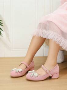 1 Pair Children Simple Casual High Heel Shoes With Bow Decor - Pink - View 2