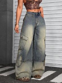 SHEIN ICON Jeans décontractés avec boutons et poches à l'avant, pour un port quotidien