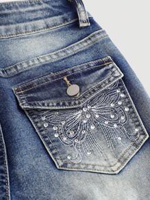 SHEIN Girlism Jeans pattes d'éléphant en denim avec broderie papillon incrusté de strass taille basse Y2K pour préadolescentes. Vêtements d'automne/hiver pour filles, tenues pour la rentrée scolaire