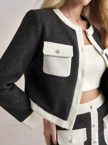 BizChic 灰色外套，带撞色口袋，女士短款西装外套，适合办公室穿着、通勤、新年、优雅，适合春夏季 - 灰色 - 查看 5