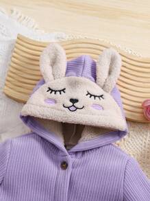 SHEIN Babygirl Autumn/Winter Cute Versatile Purple Corduroy Lined Cartoon Pattern Hooded Jacket, Warm - Purple - View 5