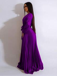 Women's Solid Color Long Sleeve Pleated Waisted Party Dress - Purple - View 5