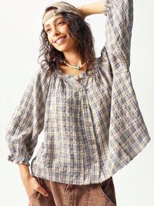 Bohemela 休闲编织格子 V 领宽松 3/4 袖女式衬衫 - 藍色 - 查看 2