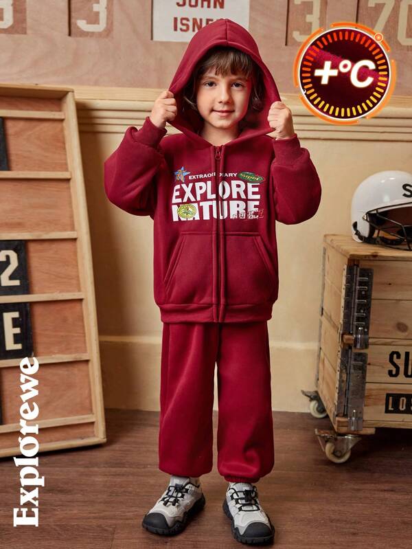 SHEIN 2pcs Set Young Boys City Style Hoodie Sweatshirt With Graphic Print & Matching Jogger Pants, Casual Two Pieces Outfit For Autumn/Winter, Suitable For Outdoor Sports, Daily Wear, School & Party