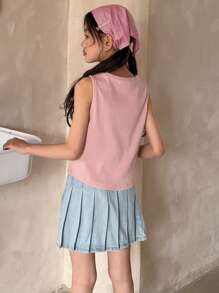 DAZY Áo tank top không tay cổ tròn màu trơn cho bé gái tuổi teen, có nơ trang trí, thích hợp cho mùa hè và năm học mới. - Hồng - Xem 5