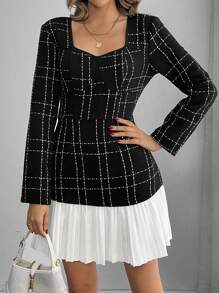 Chiquease Vestido de manga larga con cuello de corazón, cintura fruncida, bloqueo de color y dobladillo plisado elegante para mujer - Negro - Ver 4