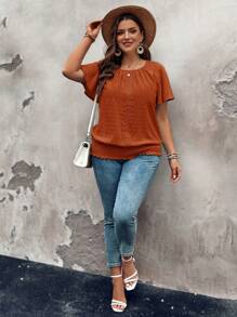 SHEIN LUNE Plus Size Ruffled Hem Elastic Cuff Short Sleeve Round Neck Pullover Top Short Sleeve Blouse Women Short Sleeve Tops Summer Tops Women Women Houses Green Blouse Women - Rust Brown - View 3