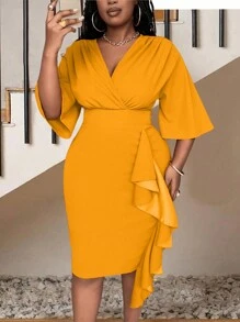 Maweii Plus Size Women Tight Stretch Knee-Length Dress, Ruffle Patchwork Waist Slimming Fitted Dress, Autumn