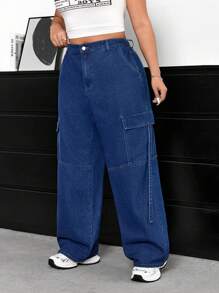 Solflare Plus Size Casual Washed Wide Leg Cargo Jeans - Dark Wash - View 6