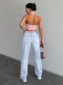 EURMUSE 100%Cotton Women's Slant Pocket Casual Straight Leg Jeans - Light Wash - View 2