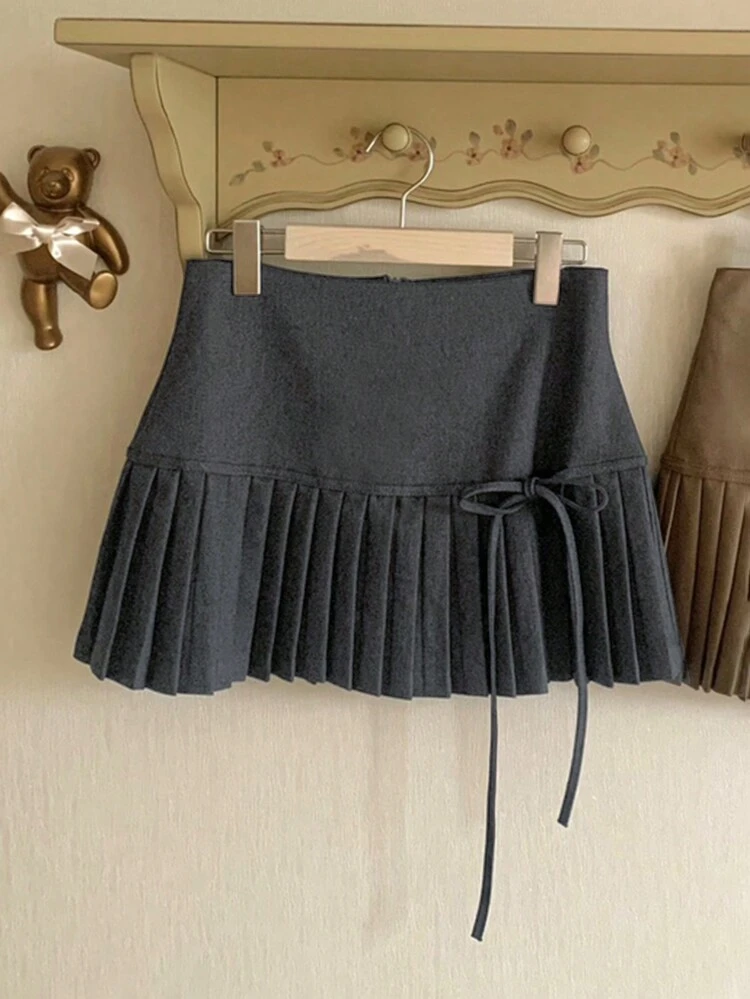 Women's Color Block Lace-Up Pleated Mini Skirt, Plain Solid Color, Dark Grey, All Season Fall