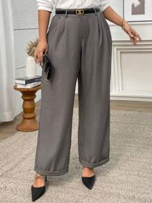 Flirla Quần ống rộng xếp ly màu trơn cỡ lớn cho nữ thường ngày - Xám - Xem 1