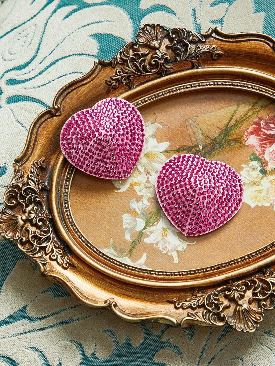 Set de 2 piezas de pezoneras con forma de corazón con rhinestones, accesorios íntimos para mujeres - Rosa Fucsia - Ver 1
