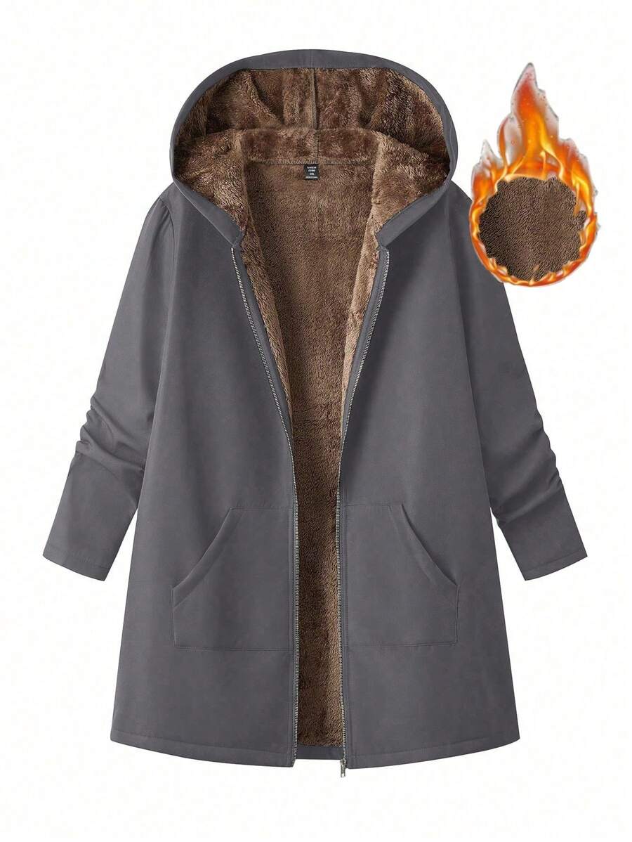 SHEIN LUNE Women's Solid Color Zip Front Hooded Casual Lined Jacket, For Autumn And Winter - Grey - View 1