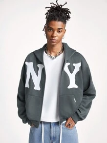 Manfinity VCAY Men's Printed Loose Knit Long Sleeve Open Front Hoodie Sweatshirt, For Fall Winter - Dark Grey - View 3