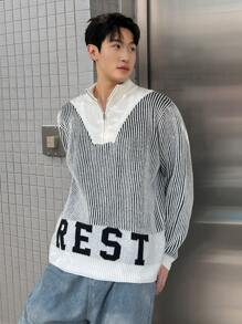 Manfinity Hypemode Men's Front Zip Closure Long Sleeve Solid Color Patchwork Letter Design Detail Casual Rib Knit Sweater