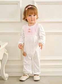 SHEIN Adorable Infant/Baby Girl Long Sleeve Print Jumpsuit, Winter - Pink - View 6