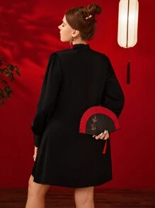 SHEIN Unity Plus Size Solid Color Splice Stand Collar Long Sleeve Short Elegant Dress - Black - View 2