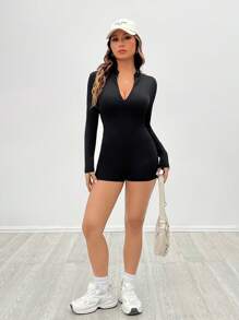 SHEIN PETITE 休闲黑色罗纹长袖前拉链紧身衣 - 黑色 - 查看 7