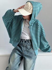 DAZY 女童休闲条纹连帽运动衫，秋季 - 藍色 - 查看 2